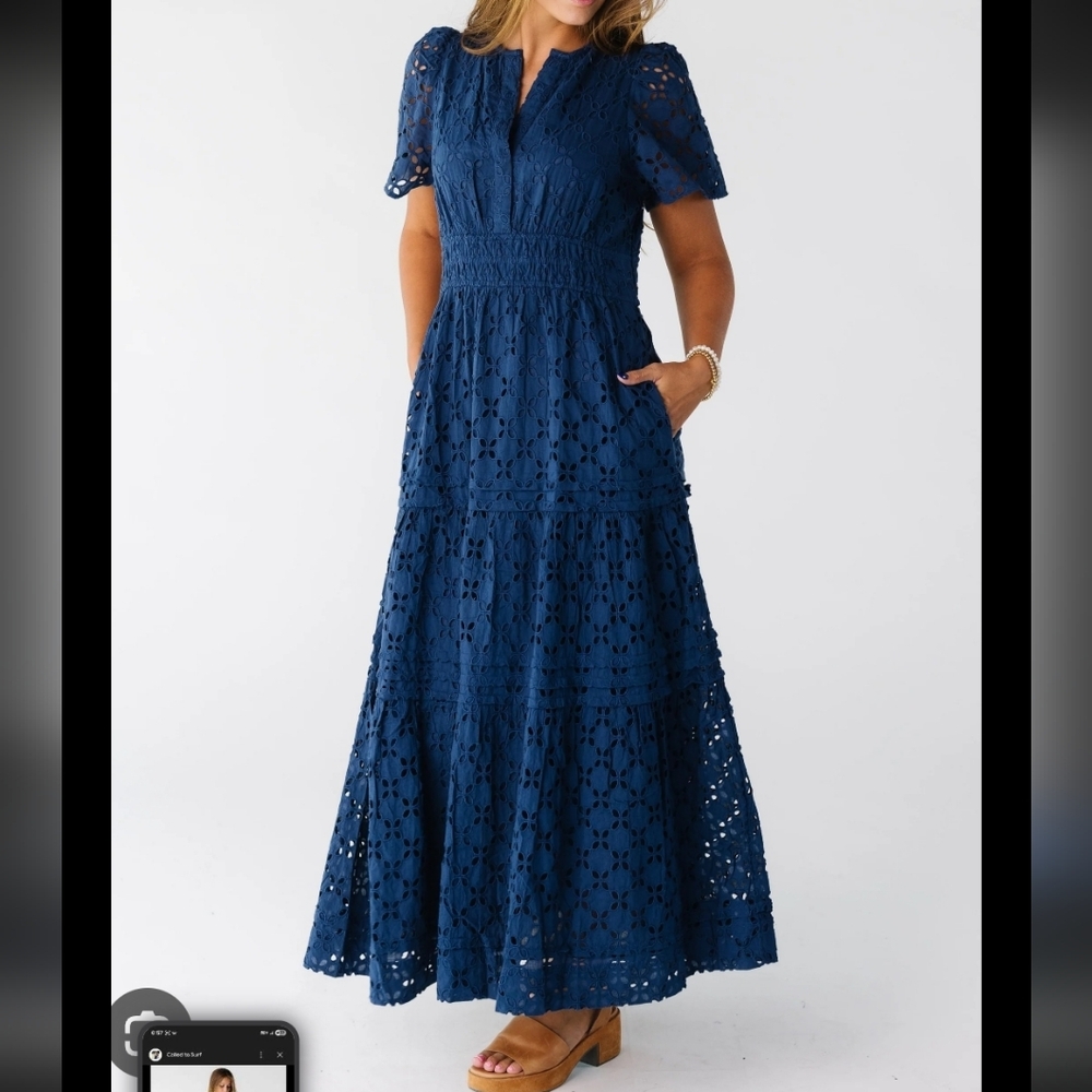 Citrus Navy Eyelet Maxi Dress with Smocked Waist